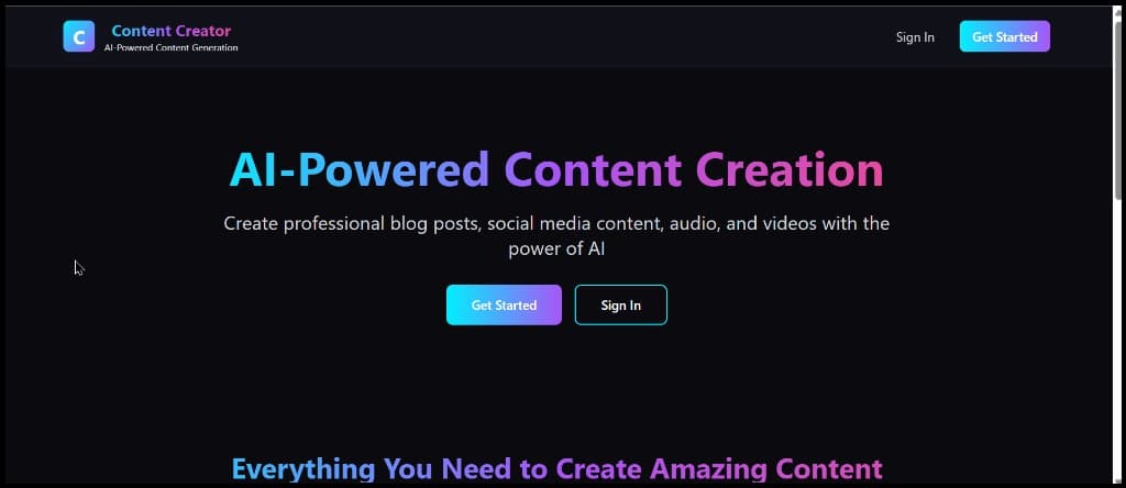 AI-powered content creation landing page with gradient headline on dark background.